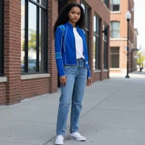 Soleboy Women's Crop Lightening Jacket Blue White Spell Out Sleeve Full Zip